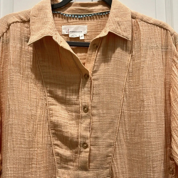 Anthropologie V-Neck Popover Cotton Long Sleeve Shirt in Orange Sz S - Picture 6 of 12